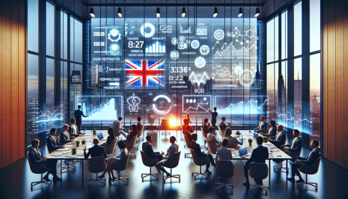 Focused professionals in a modern Nailsworth office analyze rising traffic graphs and engagement charts on screens with Union Jack flags.