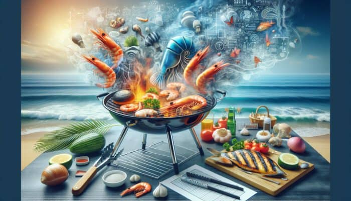 An outdoor grilling scene featuring fresh shrimp and fish on a charcoal grill, utilising tongs, a fish basket, and a basting brush amidst smoke and ocean waves.