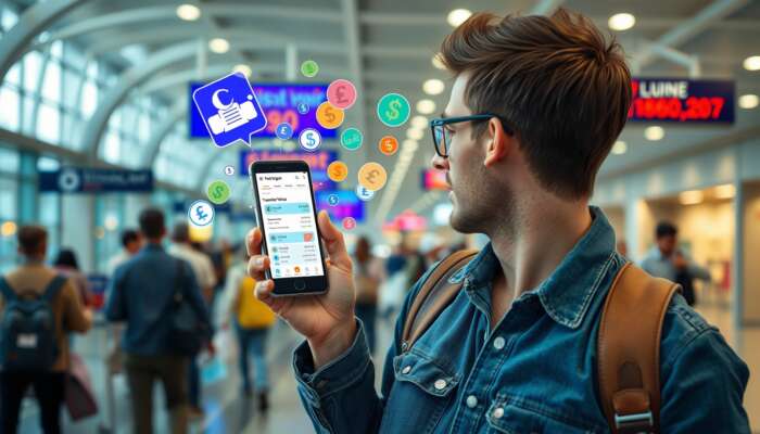 A traveller in a busy airport holds a smartphone displaying Revolut and TransferWise apps with real-time exchange rates and floating currency icons.
