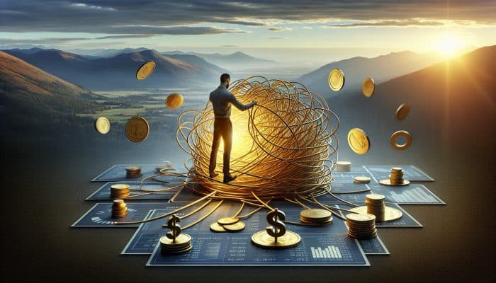 A person merges tangled ropes of coins, bills, and credit cards into a glowing golden thread against a dawn-lit mountain backdrop.