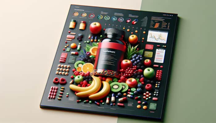 Vibrant supplement ad displaying colourful pills and fresh fruits in a dynamic modern layout with bold red and green colours.