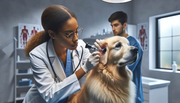 Veterinarian examining a golden retriever's infected ear with an otoscope; visible redness and swelling, dog tilts its head, owner appears worried.