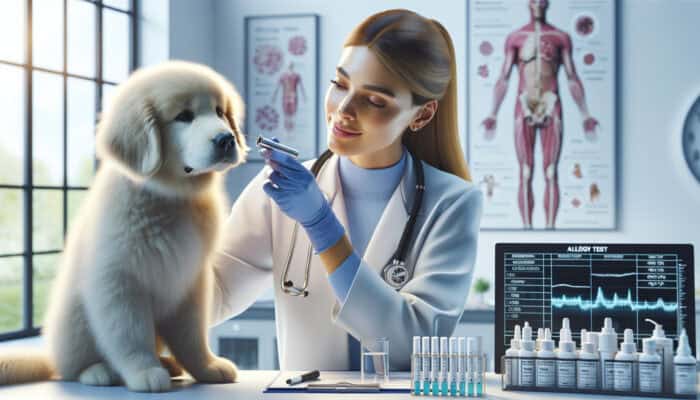 Veterinarian examining a fluffy dog's ear with an otoscope in a clinic, with swabs, cytology slide, and allergy test kits nearby.