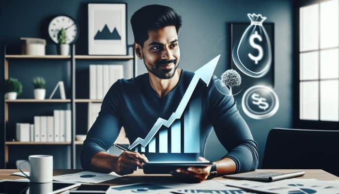 Confident individual in a modern home office reviews an upward-trending credit score on a tablet, surrounded by broken chains and green dollar signs symbolizing financial freedom.