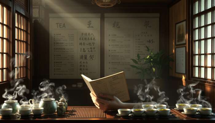 A person in a serene tea house examines a menu of green and oolong teas, surrounded by steaming cups and leaves in soft morning light.