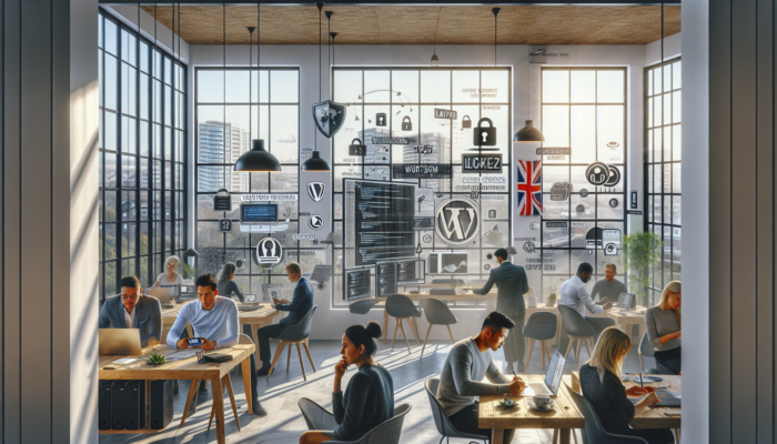 Diverse team in a modern Bournemouth office designing secure WordPress websites, surrounded by UK flags, GDPR shields, and market charts.