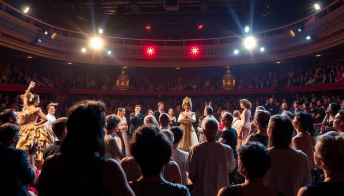 Vibrant opera festival scene: performers in elaborate costumes interact with an enthusiastic audience under dramatic stage lights, including workshops.