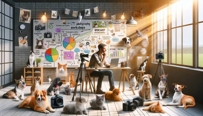 A photographer reviews pet workshop options on a laptop in a sunlit studio, surrounded by playful dogs, cats, cameras, notes, and posters.