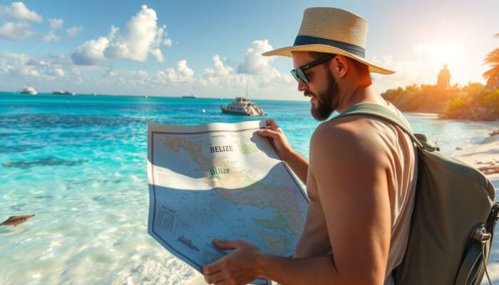 A traveler examining a detailed map of Belize on a sunlit beach, with turquoise waters, lush rainforests, Mayan ruins, and colorful marine life.