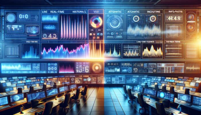 A high-tech control room with a split screen: one side shows live video metrics with flashing alerts, while the other displays archival graphs of viewer trends.