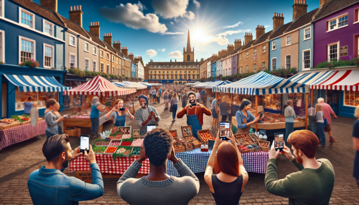 A vibrant market square in Midsomer Norton showcasing historic Georgian architecture, colourful stalls, and marketers capturing Instagram moments beneath a sunny sky.