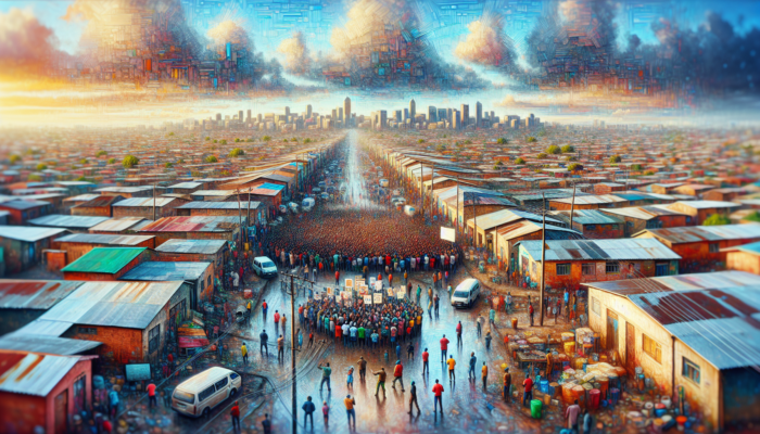 Bustling Lephalale neighbourhood with congested streets, damaged roads, and diverse residents advocating for affordable housing beneath a vibrant sky.