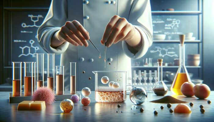 A chef's hands drip sodium alginate liquid into a calcium bath, forming translucent spheres surrounded by algae powder, beakers, and vibrant ingredients in a modern kitchen.