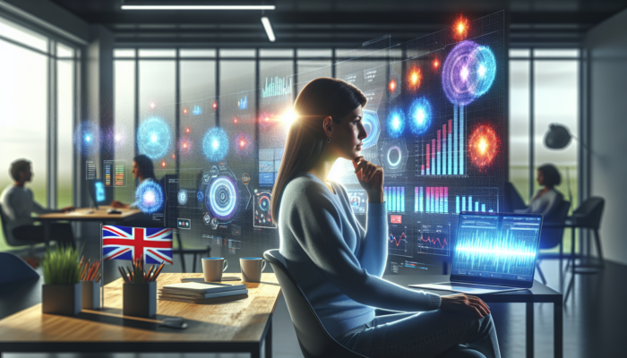 Exmouth analyst reviews colorful e-commerce graphs of conversion rates, order values, and retention on screens with UK flags and Google Analytics tools.