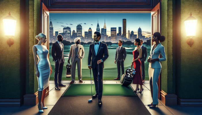 Luxurious golf club entrance at dusk: applicants in elegant attire review membership forms amid manicured greens and city skyline.