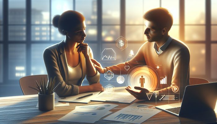 A compassionate Citizens Advice advisor guiding a stressed person through debt management with documents and charts in a supportive office.