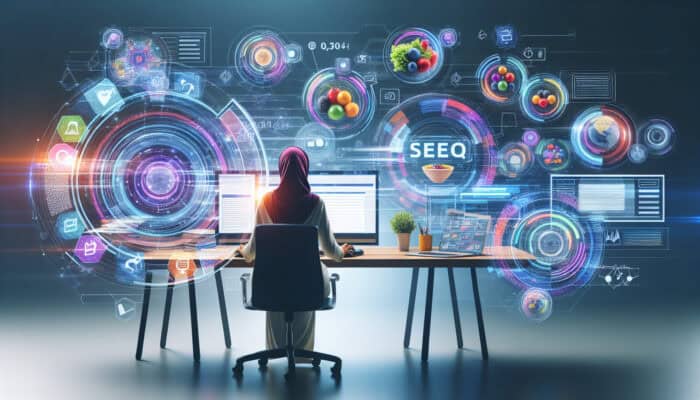 A focused analyst at a modern desk, surrounded by floating holographic keywords while reviewing SEO graphs on multiple screens.