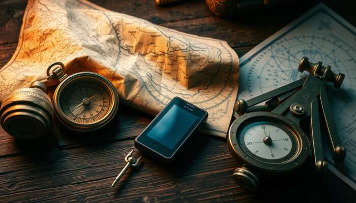A still life of navigation tools: brass compass, weathered map, modern GPS, historic sextant, and star chart on an antique wooden table in a misty setting.