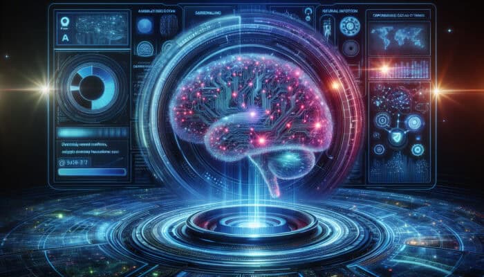 A glowing AI brain in a futuristic digital landscape analyses data streams, neural networks, and holographic interfaces.