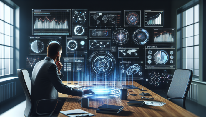 Entrepreneur in a modern London office analyses rising SEO traffic graphs and high conversion charts on a digital dashboard with holographic displays.