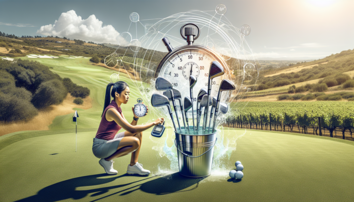 Golfer in Stellenbosch timing 5-10 minute soak of golf clubs in bucket with stopwatch, surrounded by vineyards.