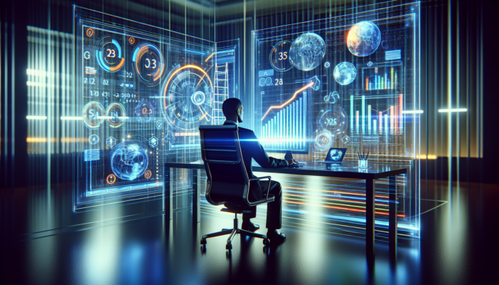 A focused digital marketer analyses SEO data on screens with keywords, graphs, and holographic ranking ladders in a modern office.