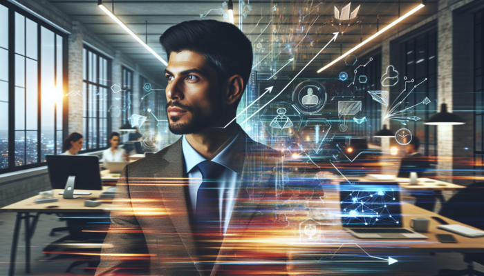 Small business owner in a bustling modern office, surrounded by laptops showing social media ads and a whiteboard with campaign steps.