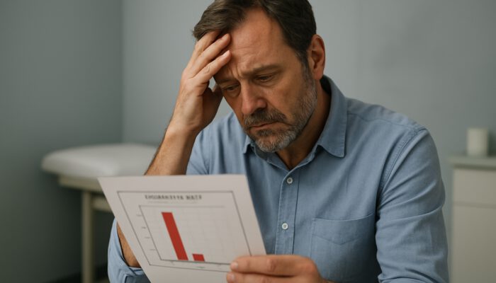 Weary middle-aged man in clinic examining low testosterone blood test report, exhibiting fatigue and distress.