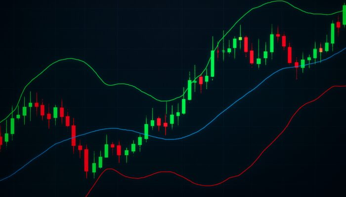 Cryptocurrency chart with Bollinger Bands: blue moving average and green/red volatility bands showing price fluctuations.
