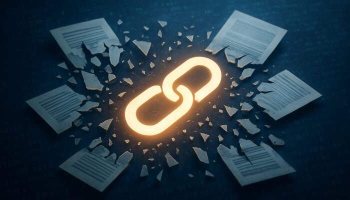 Duplicate pages shattering and unifying via a glowing canonical link on a blue code background.