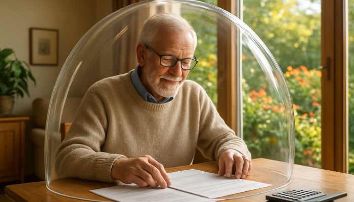Elderly homeowner reviewing financial documents in sunlit home, under protective shield with flourishing garden.