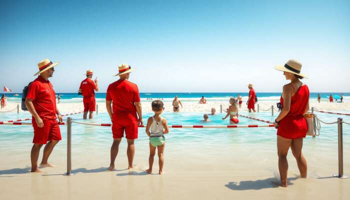 Beach scene with lifeguards in red uniforms observing swimmers in designated areas, families wearing hats and sunglasses under bright sunshine.