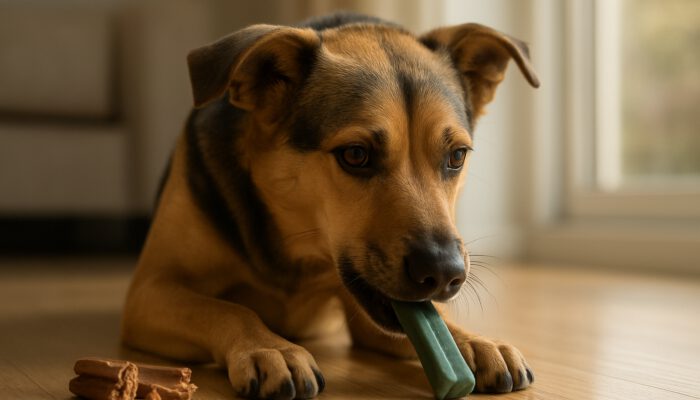 Alert dog chewing a safe dental treat in a sunny home, with splintered chews nearby highlighting choking risks.
