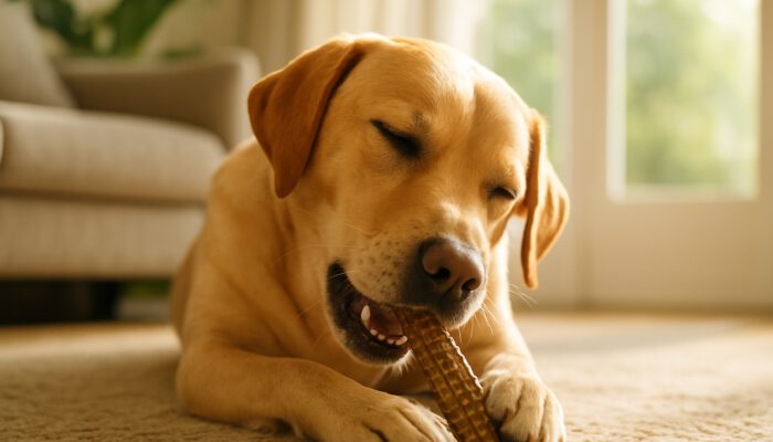 Calm dog chewing a textured dental treat in a sunlit living room, eyes focused.