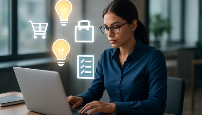 Digital marketer developing e-commerce content at a desk with floating icons and ideas.