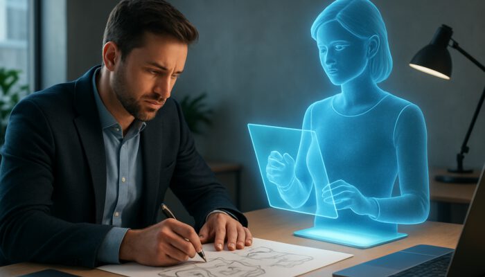 Entrepreneur sketches ideas at a modern desk while a holographic VA manages inquiries.
