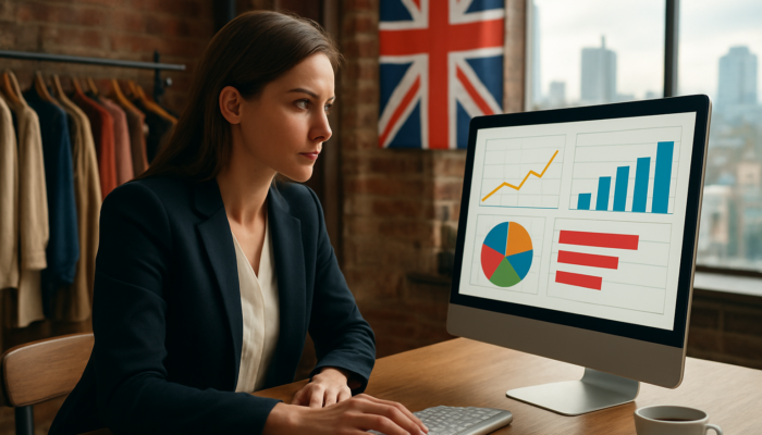 Determined entrepreneur in a Manchester boutique analysing surging Google Analytics graphs with a Union Jack backdrop.