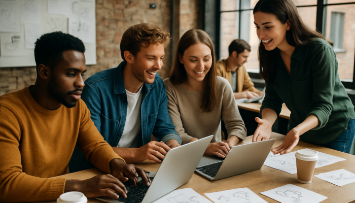 Young entrepreneurs brainstorming in a UK startup office, surrounded by laptops, sketches, and coffee cups featuring local influencers.