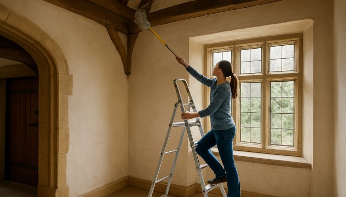 Person on step ladder using extendable duster to clean cobwebs from high ceiling in Queen Camel's quaint home.