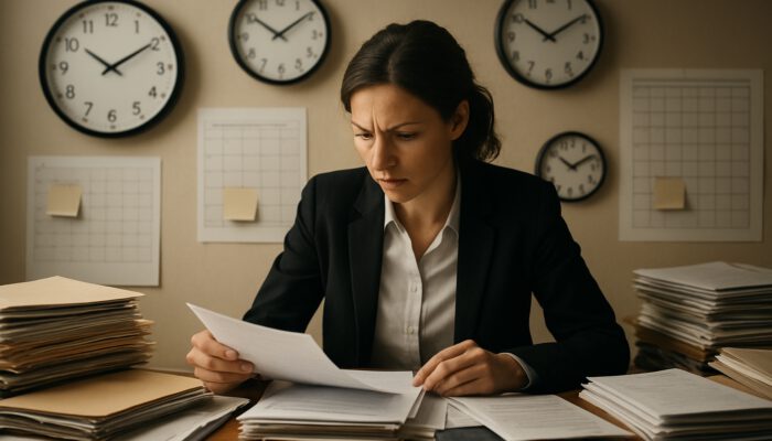 Focused campaign assistant prioritising documents in a busy office with clocks and task lists under deadline pressure.