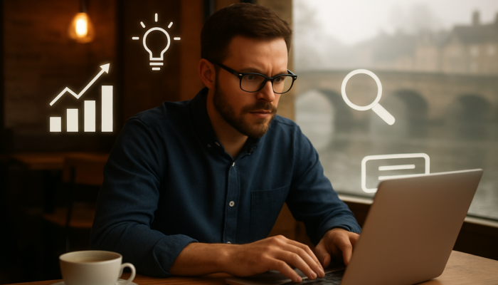 Small business owner in Bridgwater enhancing laptop with SEO icons at café, with a historic bridge in the background.