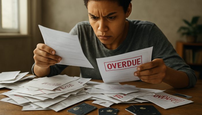 A determined person sorting overdue bills and broken credit cards on a cluttered desk, symbolising debt management with bad credit.