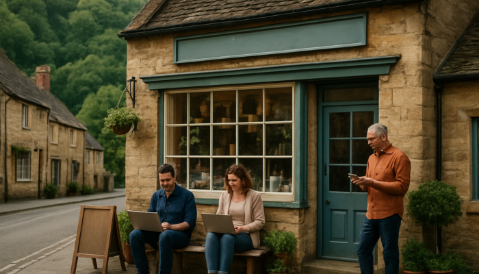 Small business owners in Coleford engaging with laptops and smartphones at a historic shop, surrounded by nature, for digital marketing.