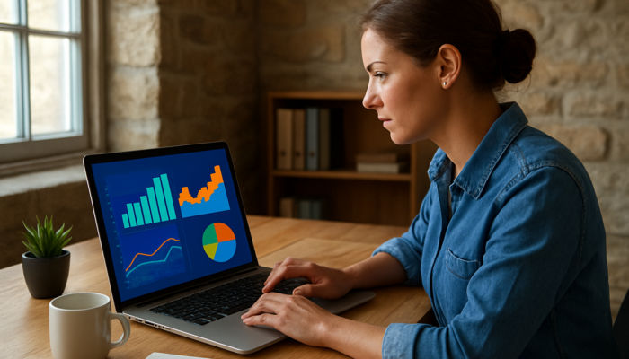 Marketer reviewing Google Analytics dashboard with UK traffic graphs, increasing ROI charts, and conversion rates in a Coleford office.