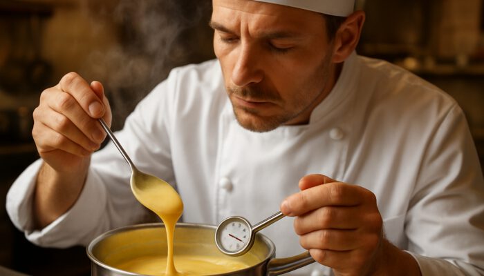 Chef stirring golden custard in saucepan, monitoring thermometer reading at 82°C as steam rises.