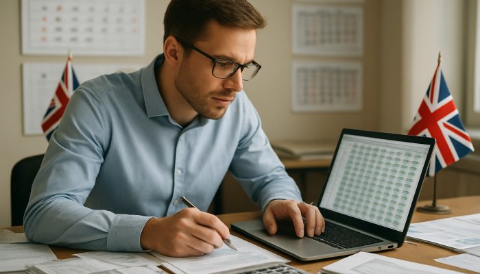 Employee reviewing holiday balance spreadsheet at cluttered desk with calendars and UK flags.