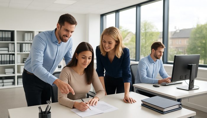 Modern office in Yeovil demonstrating immaculate desks, organised files, and focused employees benefiting from natural light.