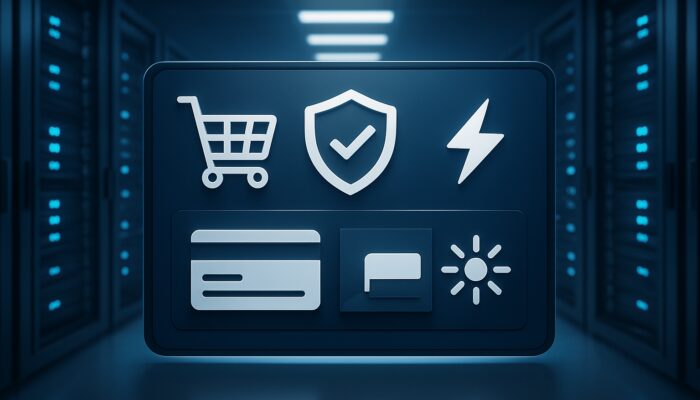 E-commerce dashboard featuring server racks, shopping carts, and secure payment icons representing reliable hosting support.