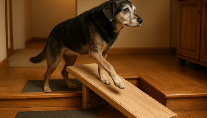 Senior dog with grey muzzle confidently climbing wooden ramp in a cosy home with non-slip mats