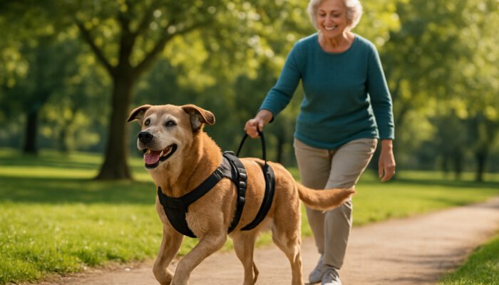 Senior dog in rear harness happily trotting through sunny park with a smiling owner